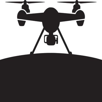 A silhouette of a drone with four propellers and a camera mounted on a dark curved surface area vector
