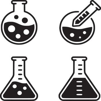 Four black and white science lab icons showing flasks and beakers with liquid and bubbles inside them vector