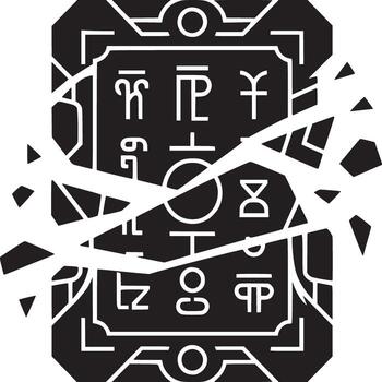 negro y blanco destrozado tableta con geométrico formas y desconocido glifos en un estilizado diseño vector