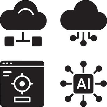 Four black silhouette icons depicting cloud computing ai targeting and data connections on white vector