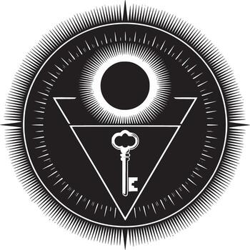 A graphic design featuring a key inside a triangle within a circle with radiating lines in black and white vector