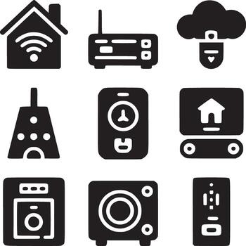 Collection of black and white smart home automation and iot devices icons in a grid layout vector