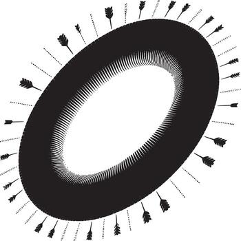 A black and white abstract design featuring a ring shape decorated with arrows and dotted lines around it vector