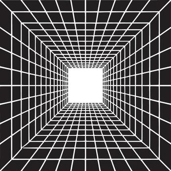 Perspective view of a black and white tunnel with grid pattern leading to a bright white square end vector