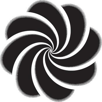 A black and white spiral design with curved shapes radiating from the center and dotted edges pattern vector