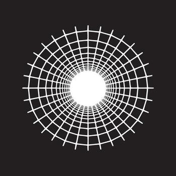 White grid tunnel with a bright light at the end on a black background creating a hypnotic effect vector