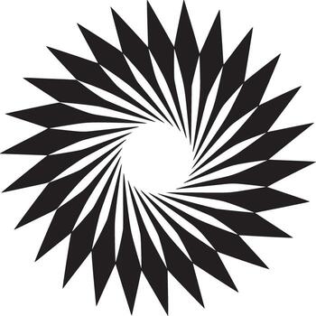 A black and white spiral pattern with pointed shapes radiating from a central circular void space design vector