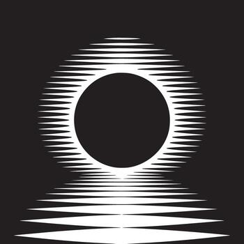 A black and white illustration of a circle with radiating lines and its reflection below it vector