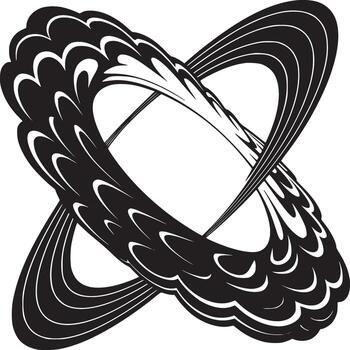 Abstract black and white illustration of two intersecting rings with layered line patterns design art vector