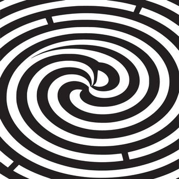 A black and white optical illusion with a spiral pattern and maze like interruptions on the lines vector