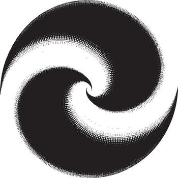 un negro y blanco circular vórtice modelo creado desde puntos arremolinándose dentro un central punto diseño Arte vector