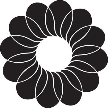 un negro y blanco gráfico diseño de un circular modelo con pétalo formas y conectando blanco líneas vector