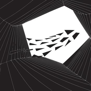 resumen negro y blanco túnel con triangular formas flotante hacia un brillante apertura adelante vector