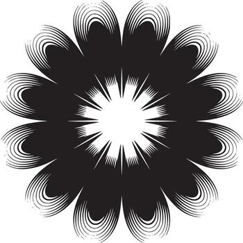 A black and white abstract flower with rounded petals and a central burst of spiky lines design element vector