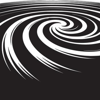 A black and white abstract illustration of a swirling vortex with horizontal lines receding into distance vector