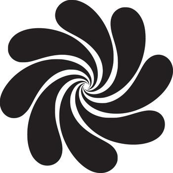 A black and white swirling pattern with petal like shapes radiating from the center in a spiral design vector