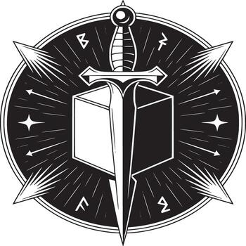 Mystical symbol featuring sword and cube, perfect for fantasy game design or unique brand identity vector