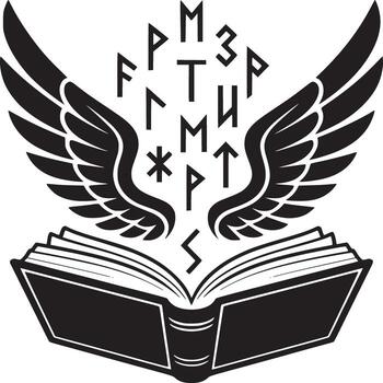 Open book with wings and runes floating above it in a black and white illustration style design vector