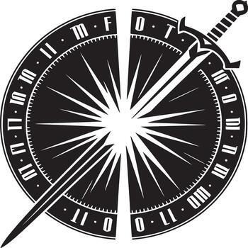 Black and white circular design with radiating lines and a sword intersecting the circle halves vector