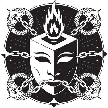 Black and white illustration of a mask with a flame and snake chains in a circular design vector