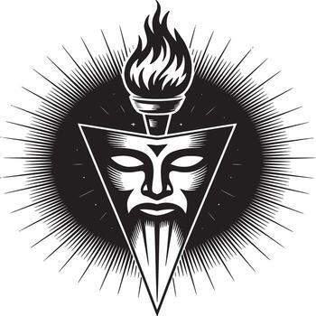 Striking black and white torch emblem with a mysterious mask evokes power and intrigue vector