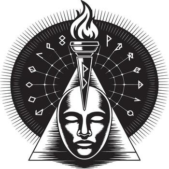 Mystical face with torch and runes in black and white, intriguing design for fantasy or esoteric themes vector