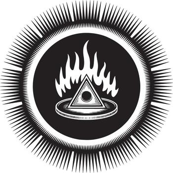 A black and white illustration of a triangle with an eye inside a circle with flames and rays around it vector
