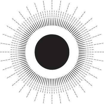 A black circle centered with radiating lines and dashes on a white background in a geometric style vector