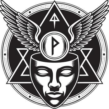 negro y blanco ilustración de un máscara con alas y geométrico formas en un circular marco vector