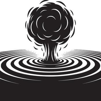 Stylized black and white atomic explosion with concentric circles expanding from the center point vector