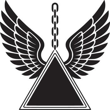 Black and white graphic of a triangle hanging from a chain with wings on a white background vector