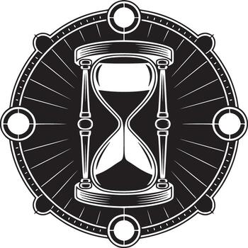 Graphic illustration of an hourglass surrounded by a circular frame with radial lines and circles vector