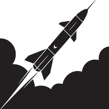 A black and white graphic of a rocket launching through clouds with a crescent moon symbol on it vector