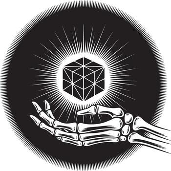 Mysterious skeletal hand holding geometric cube radiating light in a dark cosmic setting for occult design vector