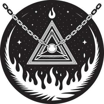 Mystical triangle emblem with chains and flames for occult designs and symbolic art projects vector