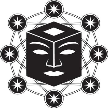 A black and white image of a cube with a face surrounded by circles with stars inside them vector