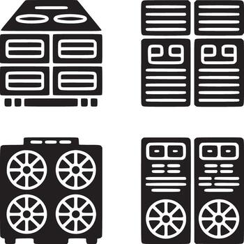 cuatro distinto negro y blanco íconos representando varios servidor y enfriamiento sistema configuraciones vector