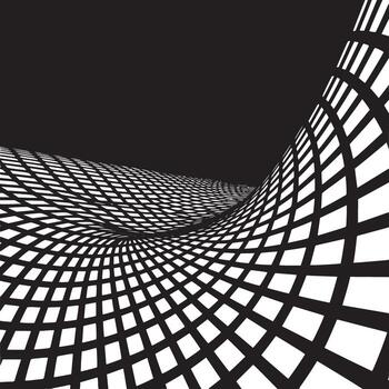 A black and white abstract image of a grid pattern bending into a vortex against a black background vector