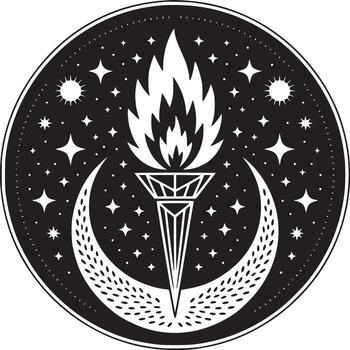 Black and white emblem featuring a torch with flames moon and stars in a circular design element vector