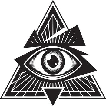 Black and white graphic design featuring an eye inside a triangle with geometric shapes around it vector