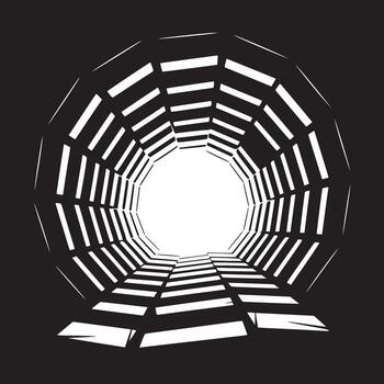 un negro y blanco túnel con un brillante ligero a el final de el túnel en un oscuro antecedentes vector