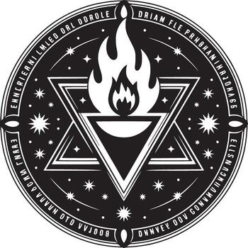 Black and white mystic symbol with flame and star of david in circular text design element vector