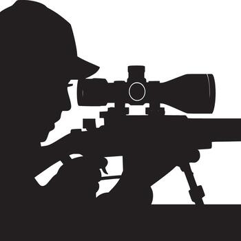 Silhouette of a sniper aiming a rifle with a scope against a white background in a side profile view vector