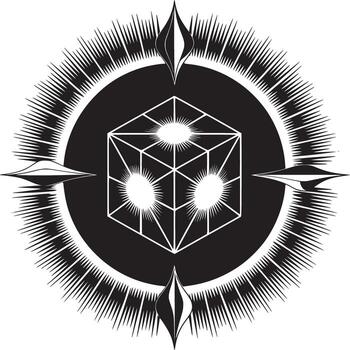 A geometric cube with glowing orbs inside a black circle surrounded by radiating lines and shapes vector