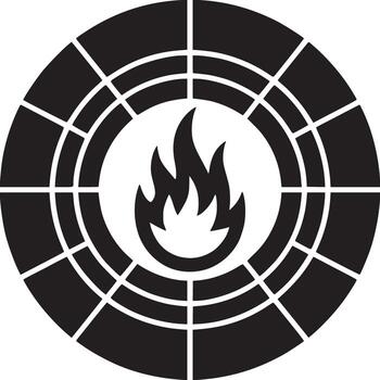 A graphic design of a black circle with a grid pattern and a flame in the center on white background vector