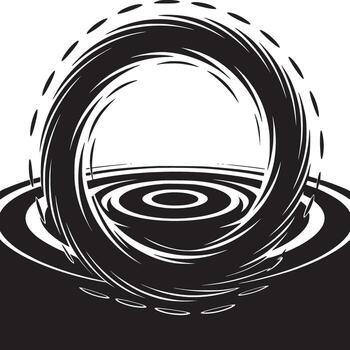 Abstract black and white vortex design with concentric circles and dashed lines around the edges vector