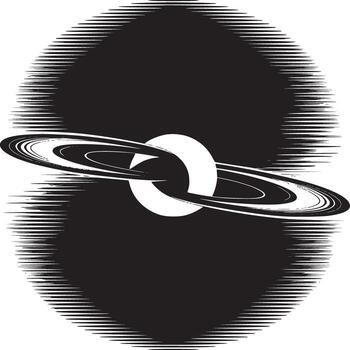 Abstract monochrome depiction of a planet with rings and a dark circular background with lines texture vector