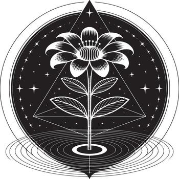 Black and white flower illustration with triangle and oval frame in a symmetrical design vector