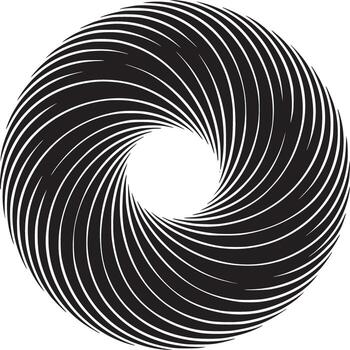 A black and white circular design with curved lines converging towards a central white circle space vector