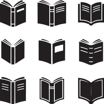 Nine black and white book icons arranged in a grid pattern on a plain white background image design vector